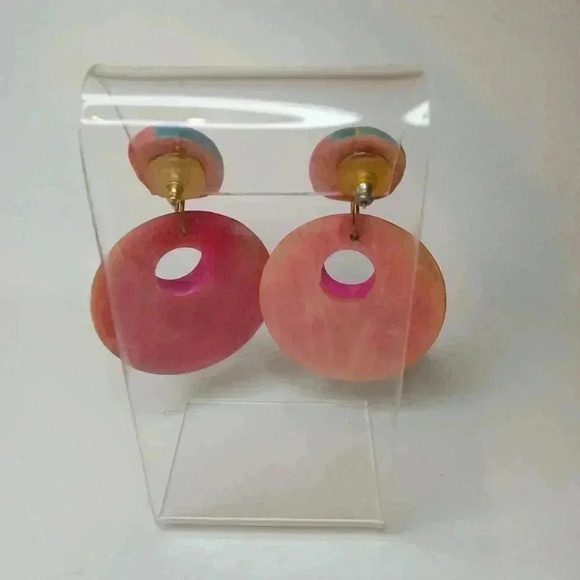Tropical Vintage Earrings Wooden Teal Pink Yellow Dangle Hoops Statement Fun - Picture 4 of 4